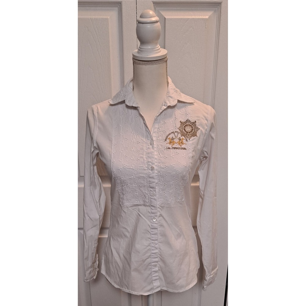 La Martina White Long Sleeve Button Down Shirt Size 2 Front Graphics With Eyelet